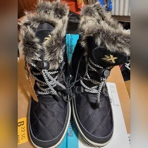 Stylish Black Winter Boots with Faux Fur Trim Girls Waterproof LEATHER Boots 2Y